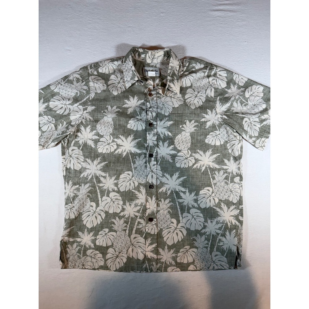 Bishop St. Apparel Mens Large Hawaiian Shirt Olive Green Pineapple Cotton Hawaii
